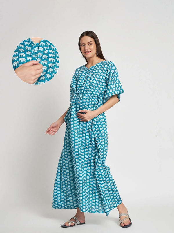 Blue Cotton Animal Print Maternity & Feeding Kaftan Dress with Concealed Zipper