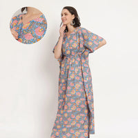 Blue Multi Floral Print Maternity & Feeding Kaftan Dress with Concealed Zipper
