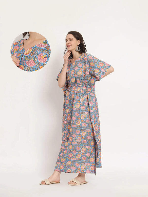 Blue Multi Floral Print Maternity & Feeding Kaftan Dress with Concealed Zipper