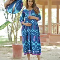 Blue Multi Ikat Printed Maternity & Nursing Midi Dress with Concealed Feeding Zippers