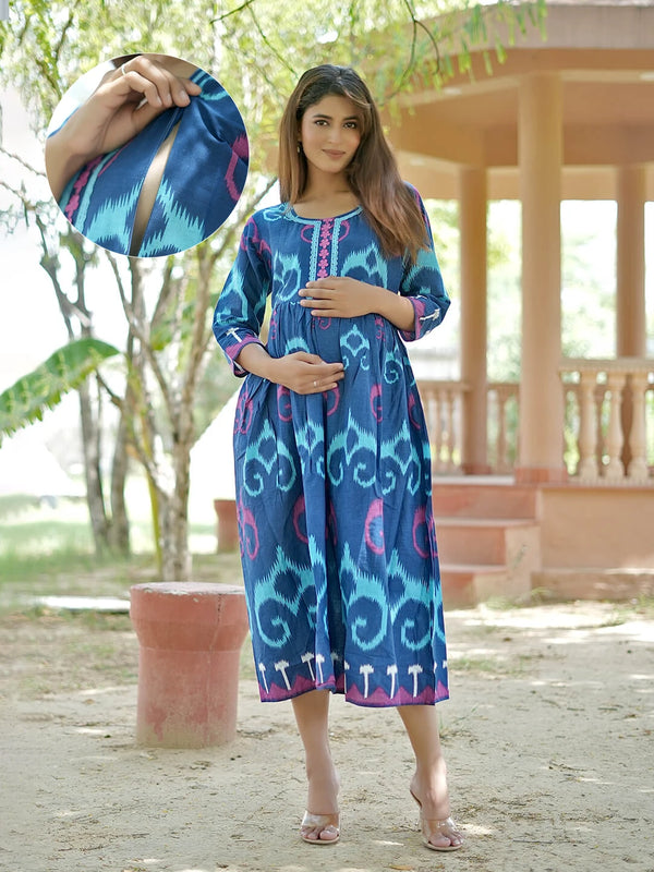 Blue Multi Ikat Printed Maternity & Nursing Midi Dress with Concealed Feeding Zippers