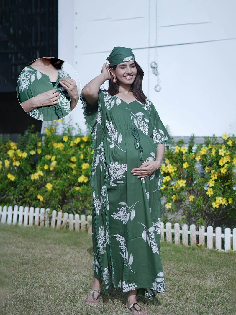 Bottle Green Tropical Print Feeding-Friendly Maternity Kaftan Dress