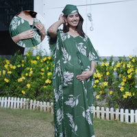 Bottle Green Tropical Print Feeding-Friendly Maternity Kaftan Dress