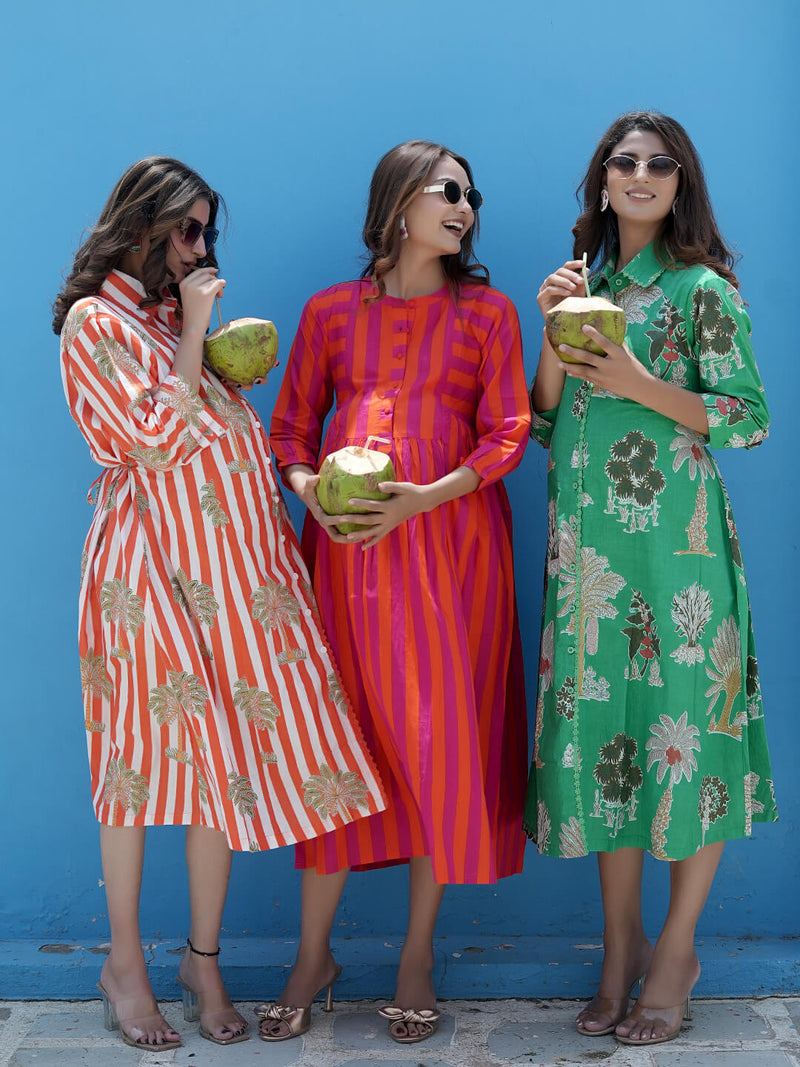 Leaf Green Tropical Printed Maternity & Nursing Midi Dress
