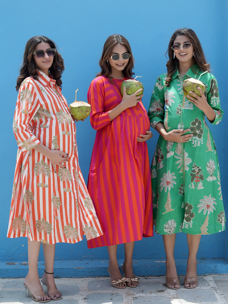 White Orange Tropical Printed Maternity & Nursing Midi Dress