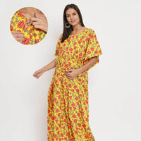 Yellow Multi Floral Printed Maternity Feeding-Friendly Kaftan Dress with Concealed Zipper