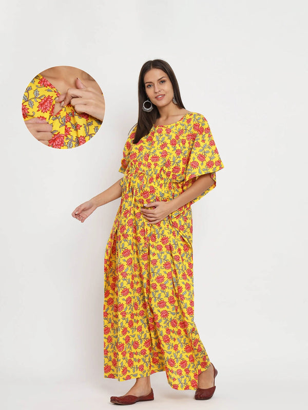 Yellow Multi Floral Printed Maternity Feeding-Friendly Kaftan Dress with Concealed Zipper