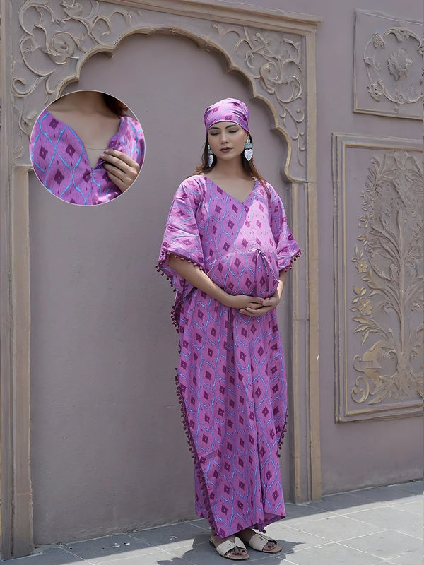 Mauve Ikat Print Maternity & Feeding Kaftan Dress with Concealed Zipper