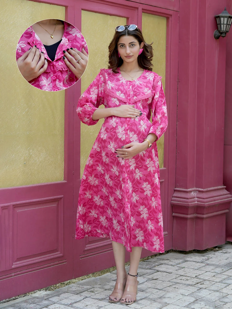 Fuchsia Floral Printed Maternity & Nursing Midi Dress