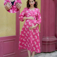Fuchsia Floral Printed Maternity & Nursing Midi Dress