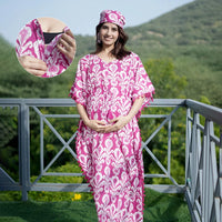 Fuchsia Ikat Print Feeding-Friendly Maternity Kaftan Dress