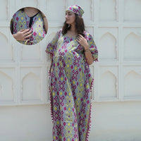Grey Multi Ikat Print Maternity & Feeding Kaftan Dress with Concealed Zipper
