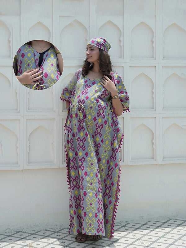 Grey Multi Ikat Print Maternity & Feeding Kaftan Dress with Concealed Zipper