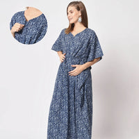 Indigo Cotton Floral Printed Maternity & Feeding Kaftan Dress with Concealed Zipper
