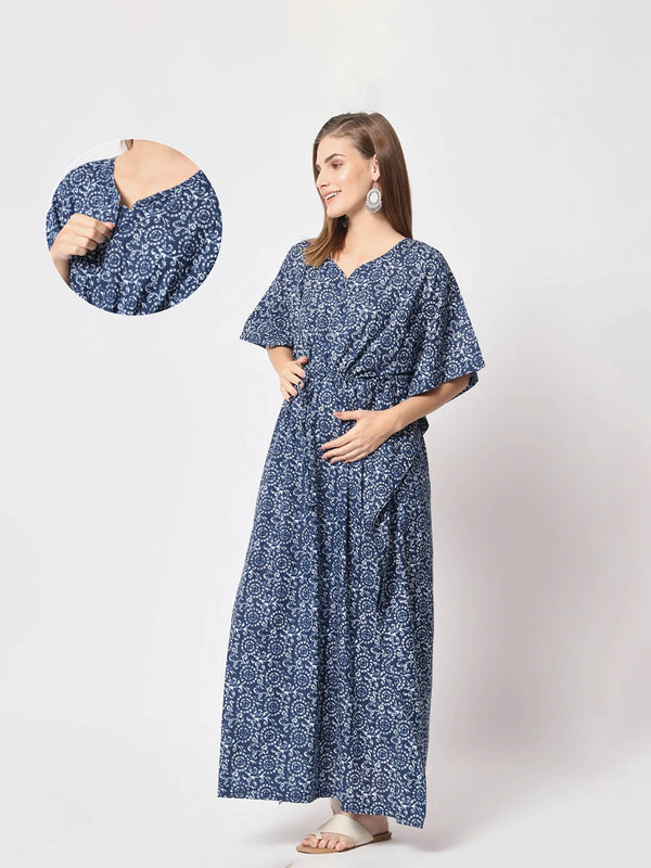 Indigo Cotton Floral Printed Maternity & Feeding Kaftan Dress with Concealed Zipper