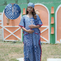 Indigo Ethnic Print Maternity & Feeding Kaftan Dress with Concealed Zipper