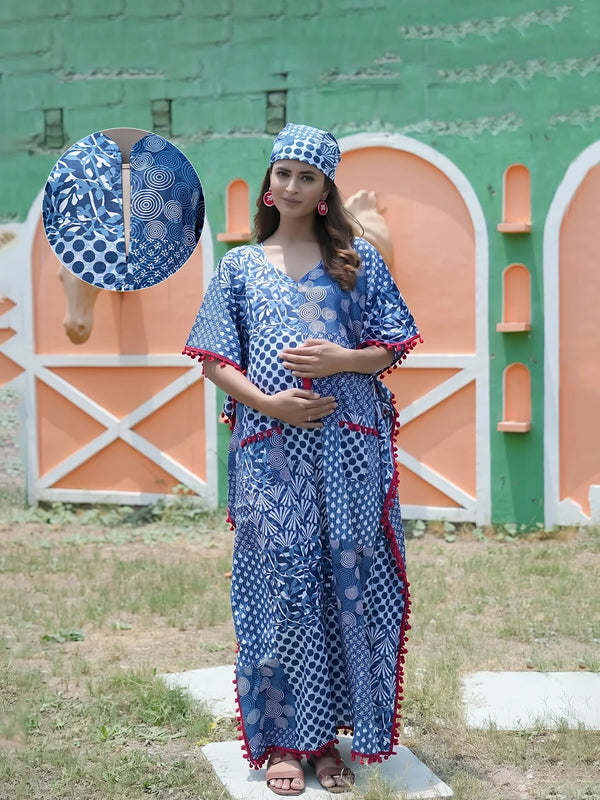 Indigo Ethnic Print Maternity & Feeding Kaftan Dress with Concealed Zipper