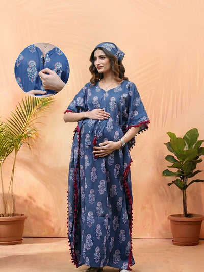 Indigo Ethnic Printed Maternity & Feeding Kaftan Dress with Concealed Zipper