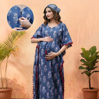 Indigo Ethnic Printed Maternity & Feeding Kaftan Dress with Concealed Zipper