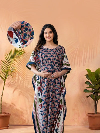 Indigo Multi Ethnic Motifs Print Maternity & Feeding Kaftan Dress with Concealed Zipper