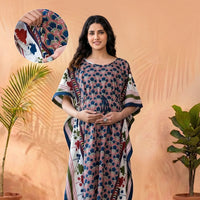 Indigo Multi Ethnic Motifs Print Maternity & Feeding Kaftan Dress with Concealed Zipper