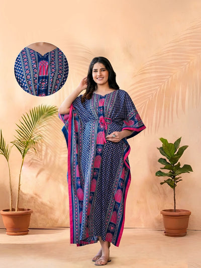 Indigo Multi Ethnic Motifs Printed Maternity & Feeding Kaftan Dress