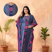 Indigo Multi Ethnic Motifs Printed Maternity & Feeding Kaftan Dress