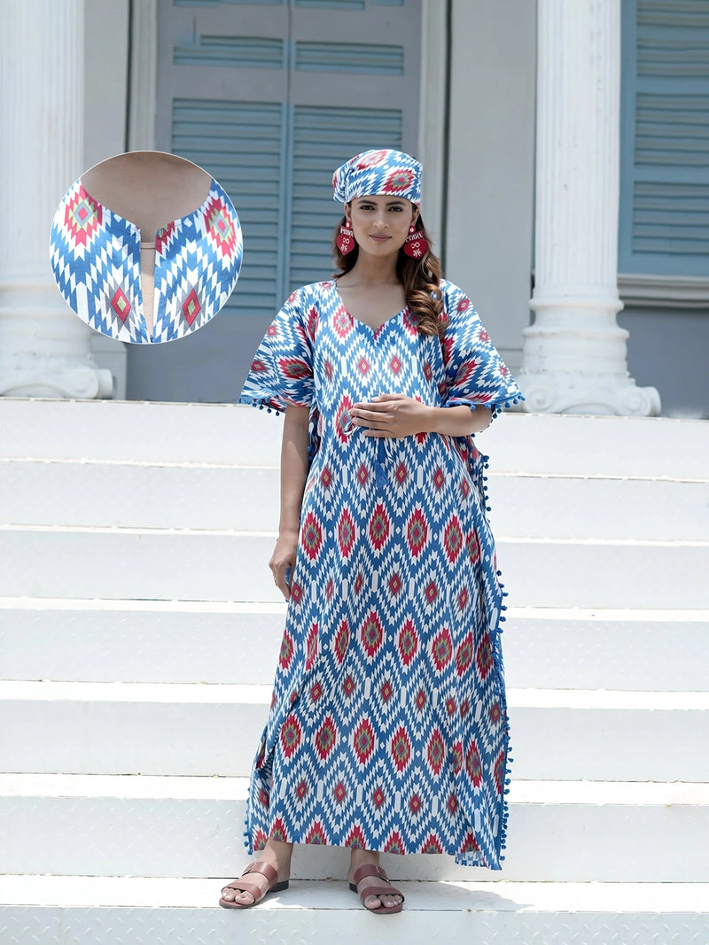 Indigo Red Ikat Print Maternity & Feeding Kaftan Dress with Concealed Zipper