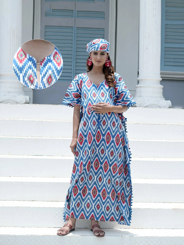 Indigo Red Ikat Print Maternity & Feeding Kaftan Dress with Concealed Zipper