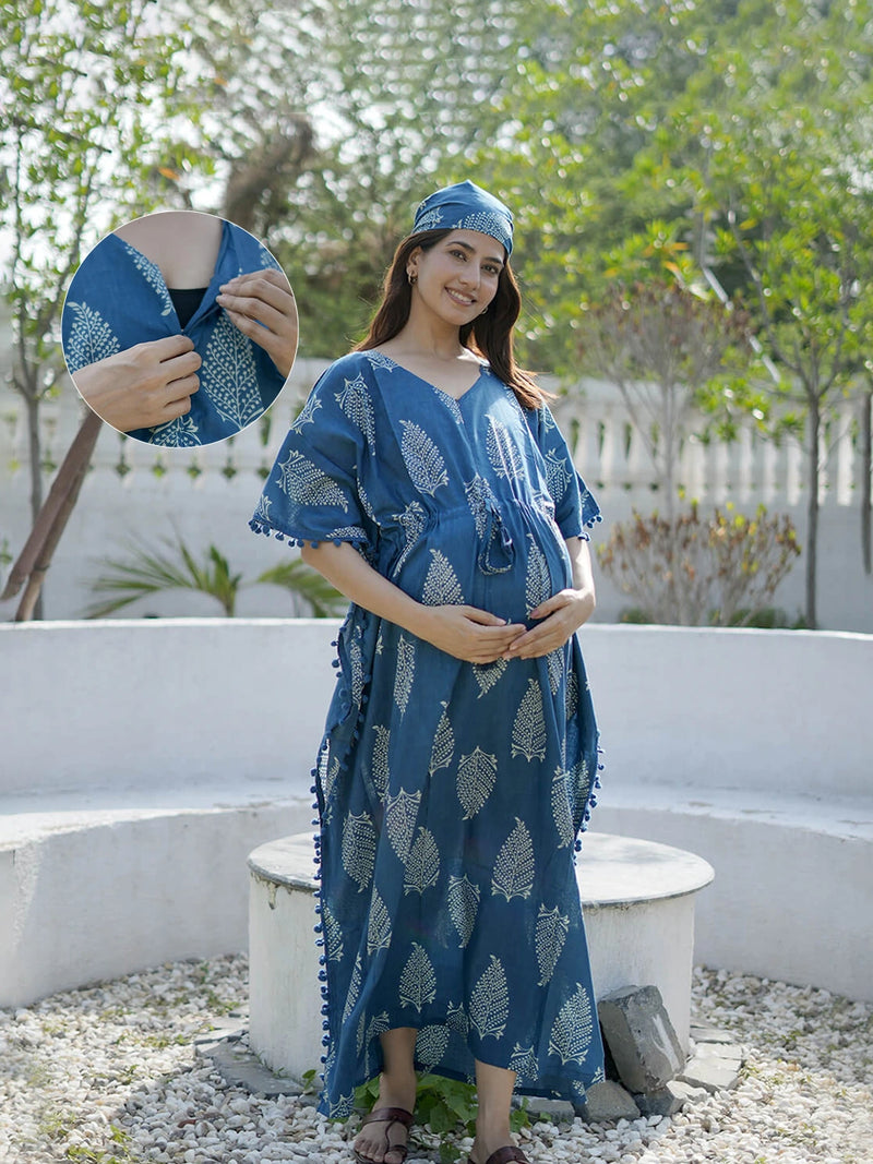 Indigo Ethnic Printed Feeding-Friendly Maternity Kaftan Dress