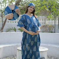 Indigo Ethnic Printed Feeding-Friendly Maternity Kaftan Dress