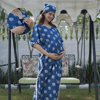 Indigo Floral Print Feeding-Friendly Maternity Kaftan Dress