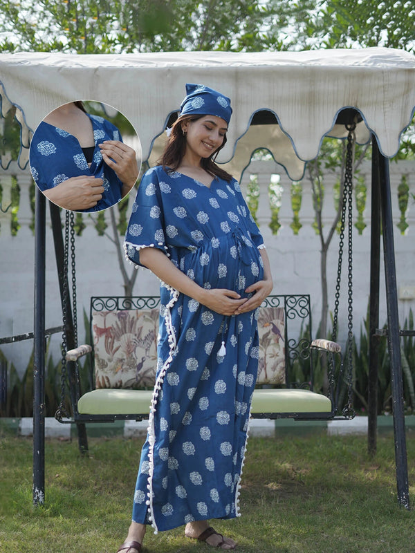 Indigo Floral Print Feeding-Friendly Maternity Kaftan Dress