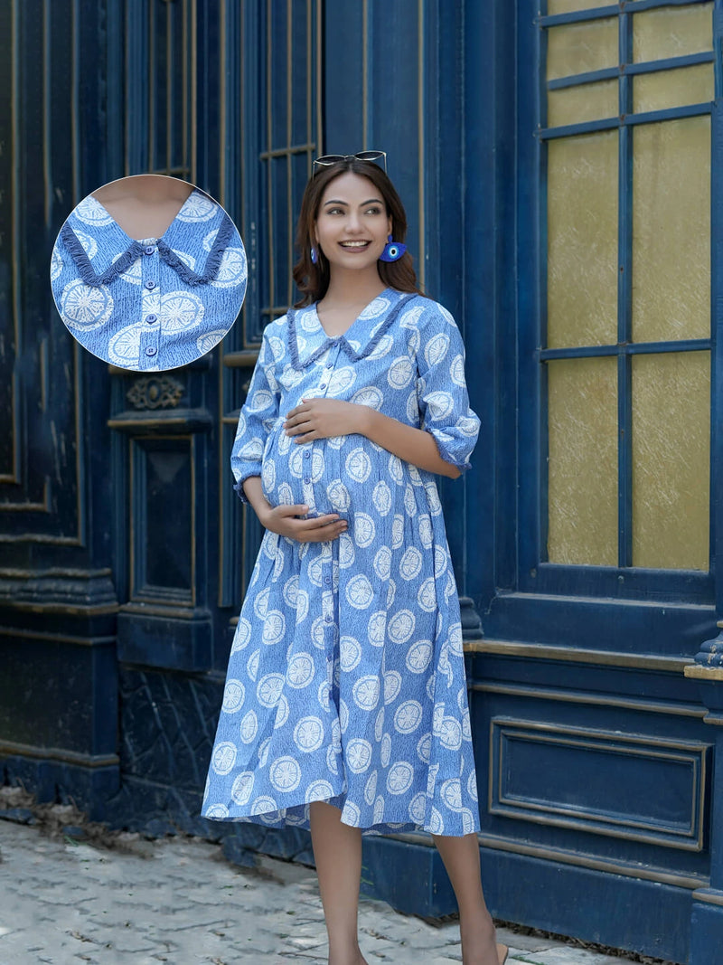 Lavender White Tropical Printed Maternity & Nursing Midi Dress