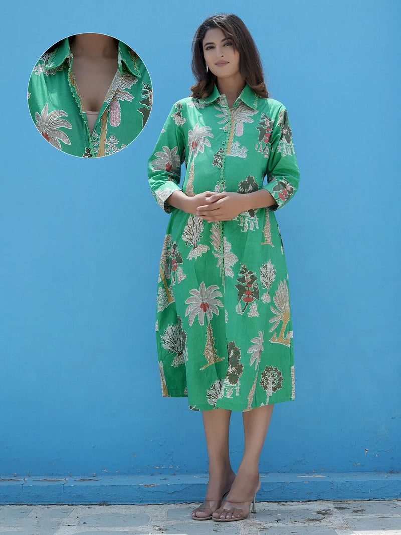 Leaf Green Tropical Printed Maternity & Nursing Midi Dress