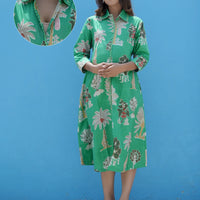 Leaf Green Tropical Printed Maternity & Nursing Midi Dress