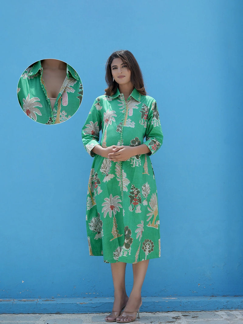 Leaf Green Tropical Printed Maternity & Nursing Midi Dress