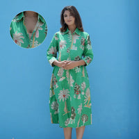 Leaf Green Tropical Printed Maternity & Nursing Midi Dress
