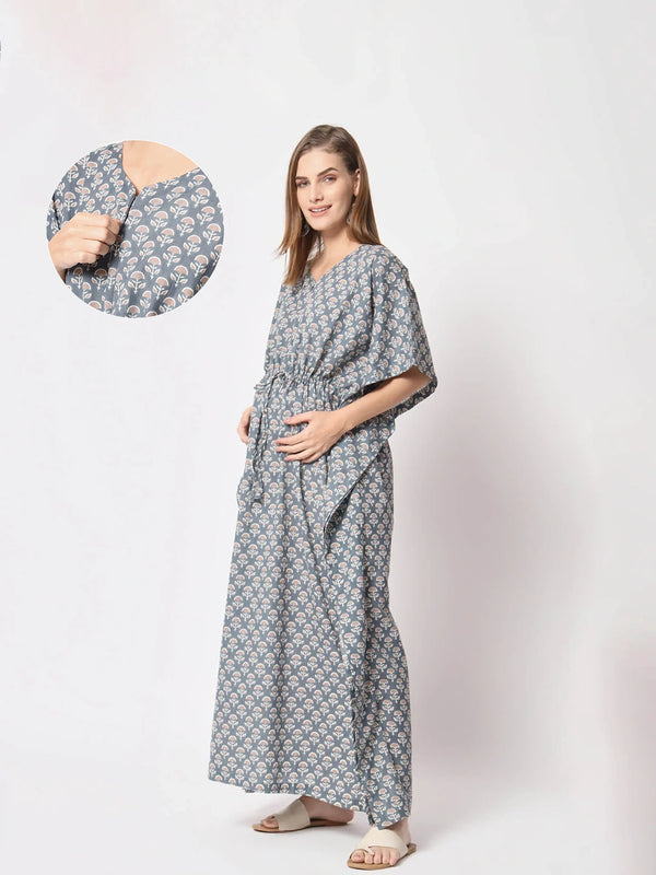 Light Grey Cotton Ethnic Print Maternity & Feeding Kaftan Dress with Concealed Zipper