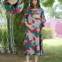 Maroon Multi Floral Printed Maternity & Nursing Midi Dress