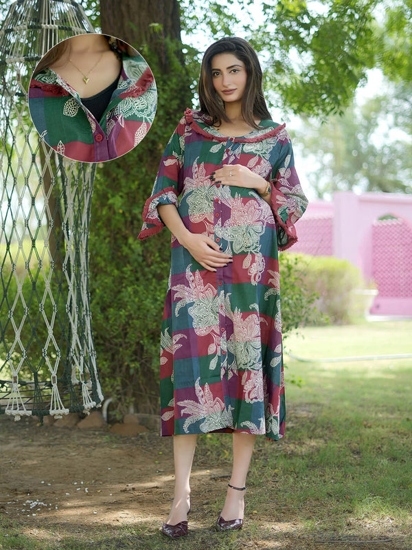 Maroon Multi Floral Printed Maternity & Nursing Midi Dress