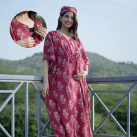 Maroon Ethnic Print Feeding-Friendly Maternity Kaftan Dress