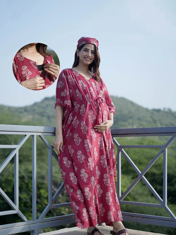Maroon Ethnic Print Feeding-Friendly Maternity Kaftan Dress