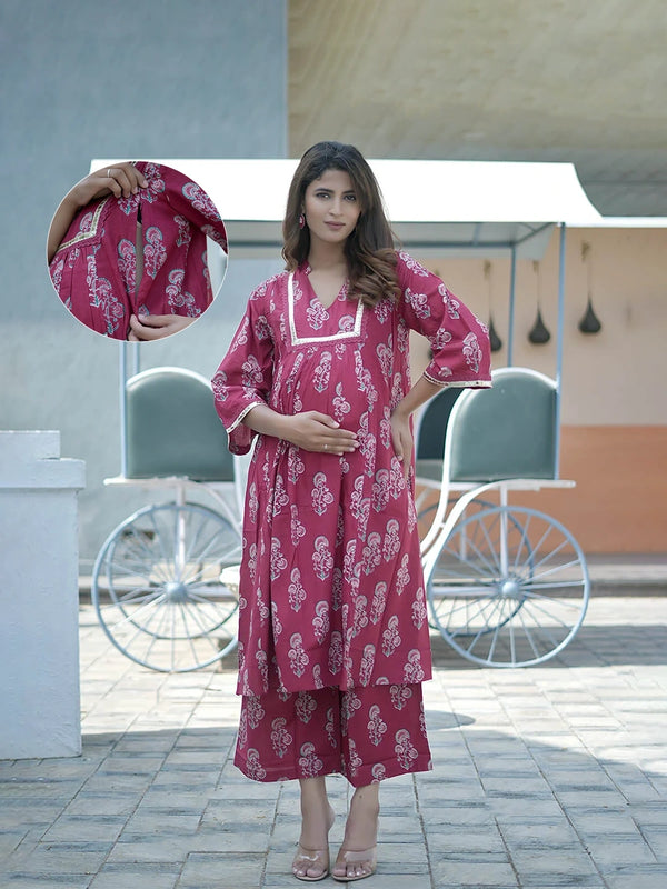 Maroon Gold Ethnic Printed Maternity & Feeding Friendly Cotton Kurta Set