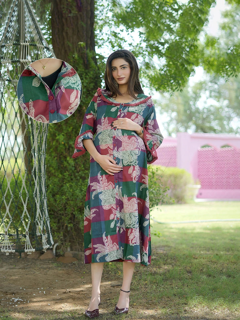 Maroon Multi Floral Printed Maternity & Nursing Midi Dress