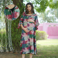 Maroon Multi Floral Printed Maternity & Nursing Midi Dress