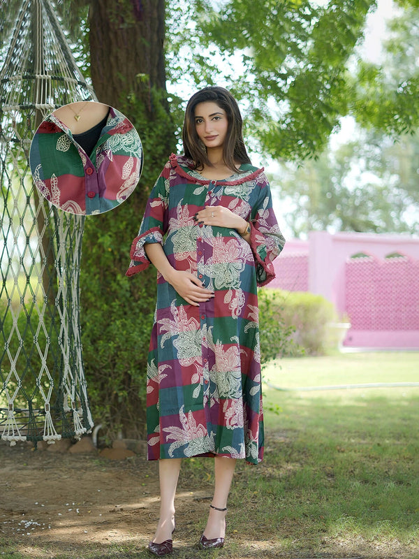 Maroon Multi Floral Printed Maternity & Nursing Midi Dress