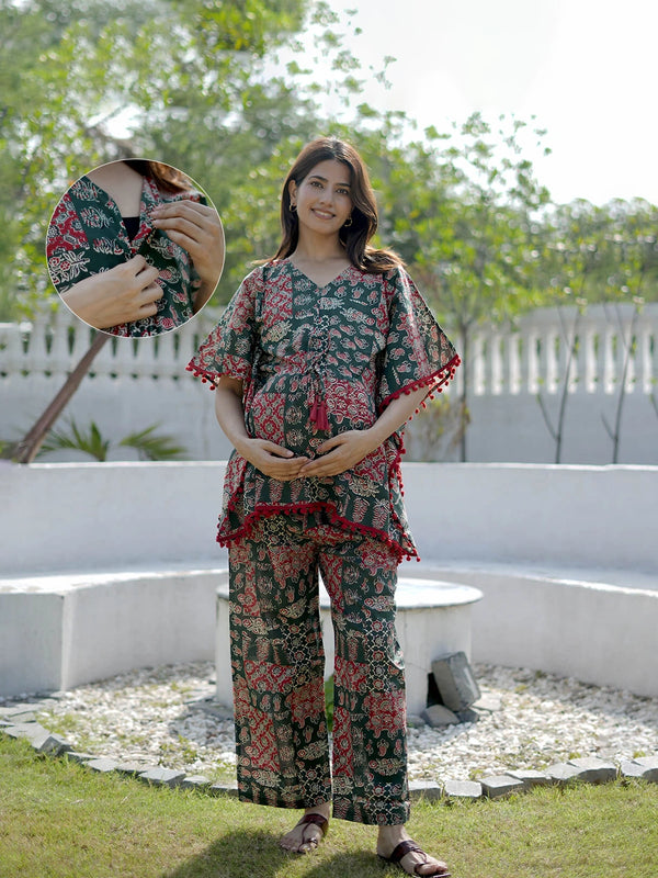 Bottle Green Ethnic Motifs Print Maternity Feeding-Friendly Kaftan Night Suit with Concealed Zipper