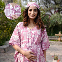 Mauve Ethnic Print Maternity & Feeding Kaftan Dress with Concealed Zipper