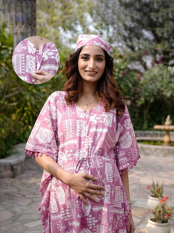 Mauve Ethnic Print Maternity & Feeding Kaftan Dress with Concealed Zipper